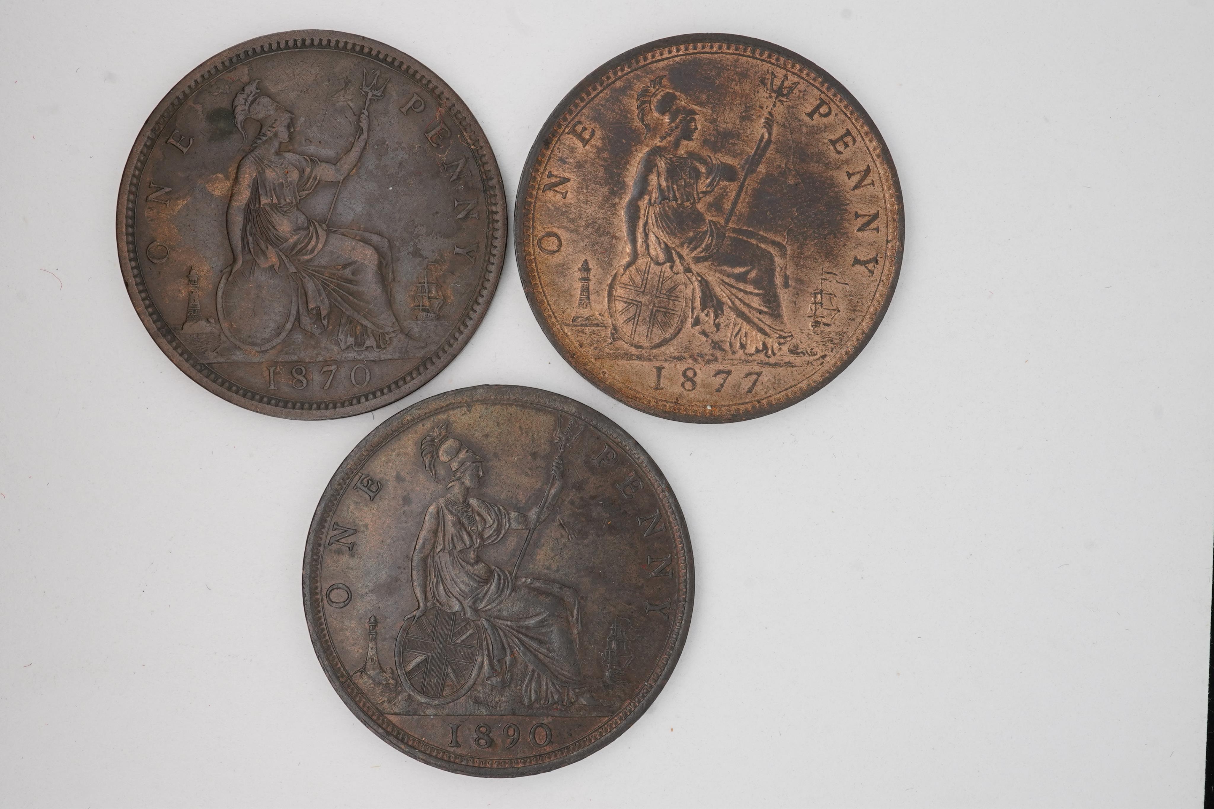 British coins, Victoria, three bronze pennies;, 1870, Fr. 60, Gouby dies J/g, VF, dark toned, 1877, Fr. 91, Gouby dies L/k, crisply struck, about UNC, toning with lustre, 1890, Fr. 130, Gouby dies R/r, EF, dark toned.